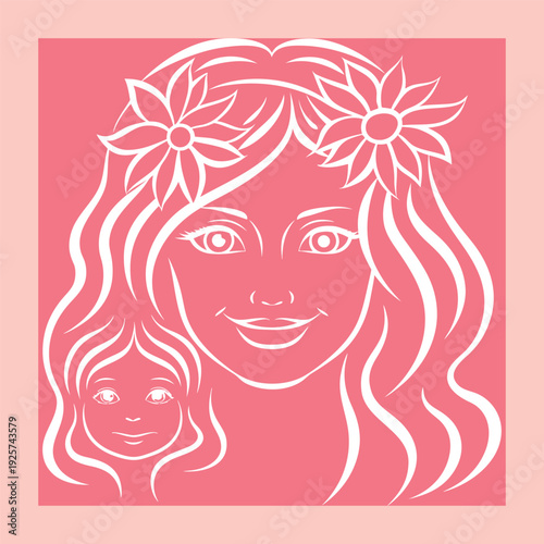 Elegant white line art illustration of a mother and child, adorned with floral crowns, symbolizing love, family, and maternal connection.
