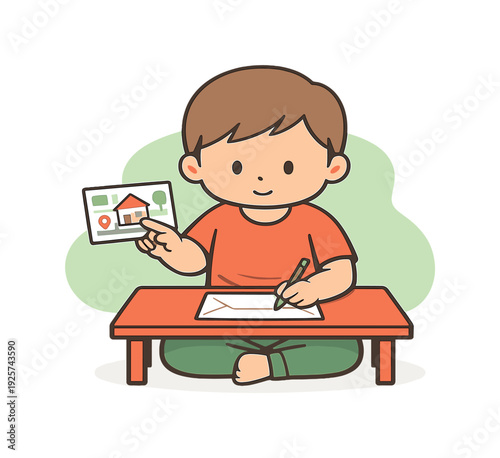 Calm child points at a house map card while copying numbers onto an envelope, seated neatly at a low table. | child learning