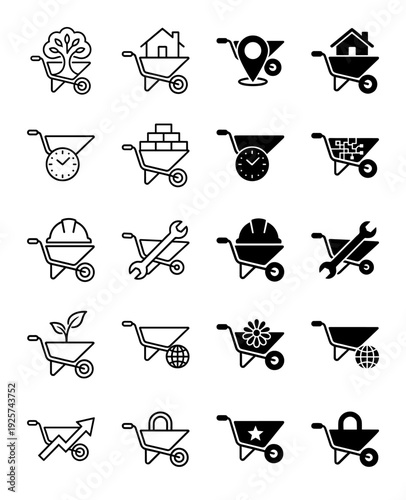 Collection of wheelbarrow hybrid icons merging construction equipment with symbols for home building gardening logistics time management and industry