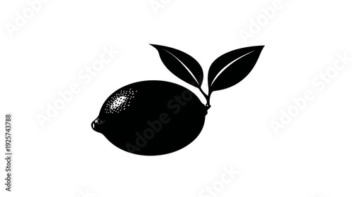 A simple, black silhouette of a citrus fruit with two leaves on a white background