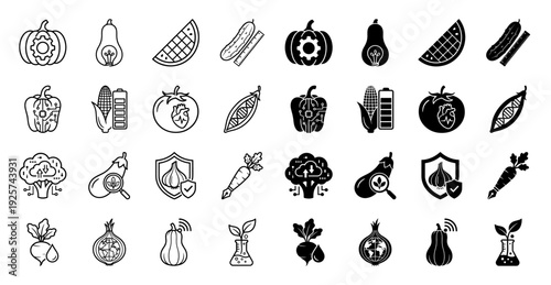 Collection of hybrid vegetable and agriculture icons merging organic produce with technology and science symbols in outline and solid styles