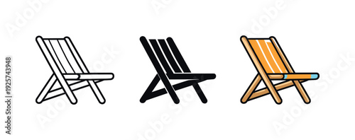 Sunny getaway scene shows a folded beach chair with simple slats and angled legs in side view, same form repeated across with