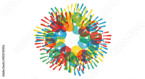 Colorful handprints arranged in a circular radiating pattern on a white background