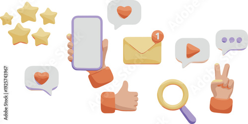 Social media interaction icons illustration isolated on white background featuring smartphone, likes, messages, notifications, search and communication symbols for digital marketing design