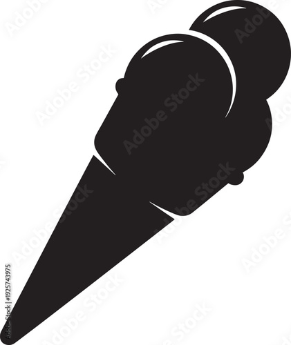 Dynamic black and white illustration of a double scoop ice cream cone tilted to the side, suggesting movement and joy