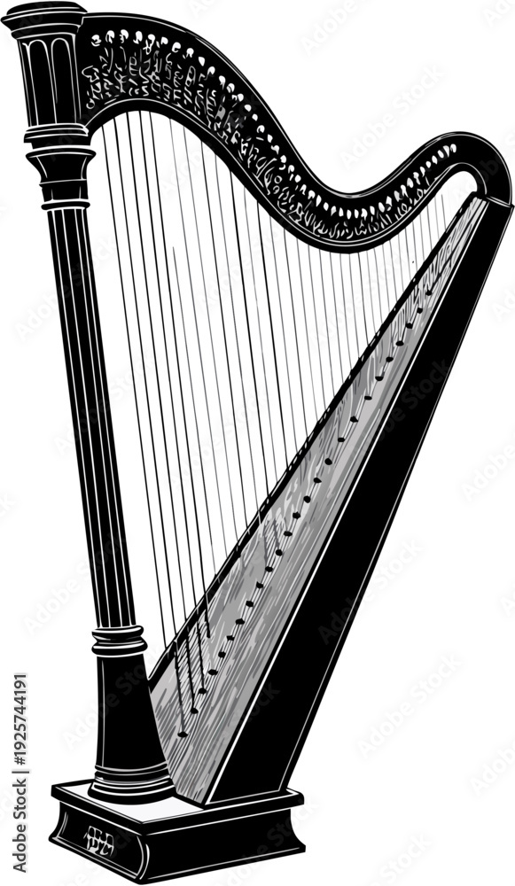 Obraz premium Black Harp Silhouette Classical String Instrument Vector