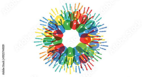 Colorful handprints arranged in a circular flower like design representing unity