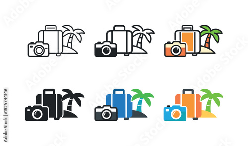 Travel lifestyle icon depicting a suitcase, camera, and palm tree, representing tourism, leisure travel, and vacation lifestyle,