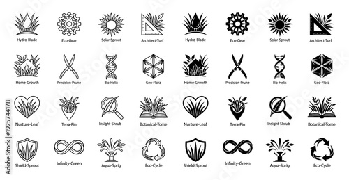 Collection of botanical hybrid icons merging landscape design and nature with geometric tools like gears and drafting rulers in outline and solid styles