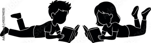 Silhouette Vector of Boy and Girl Lying Down and Reading Books Together for Education Literacy School Library Study and Childhood Imagination Concept