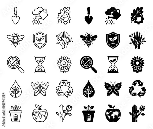 Collection of hybrid nature and sustainability icons featuring conceptual mergers of plants with tools objects and ecological symbols in line and solid styles