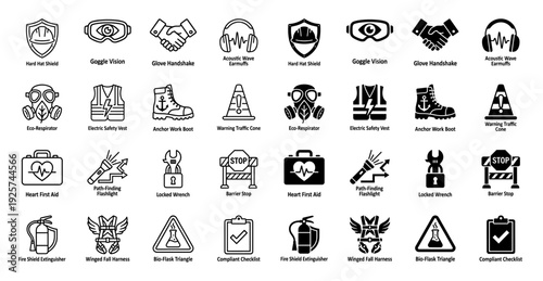 Safety Equipment Icon Set Featuring Hybrid Concepts Like Shield Hard Hat Winged Fall Harness and Eco Respirator in Linear and Solid Styles