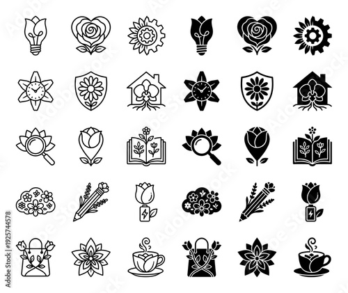 Abstract floral hybrid icons merging botanical elements with functional objects including lightbulb flowers gear sunflowers and clock blossoms in line and solid styles