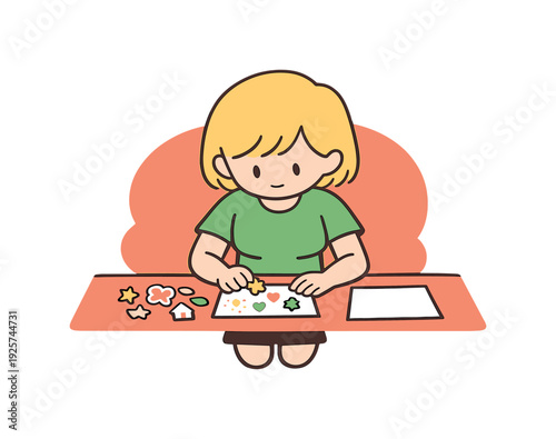 Sunny child decorates a postcard at a table, arranging small stickers and drawings as paper rests flat nearby. | postcard, mail,