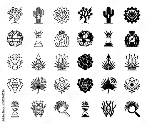 Collection of botanical hybrid icons merging desert plants with scientific symbols including dna cactus succulent atom and hourglass flora