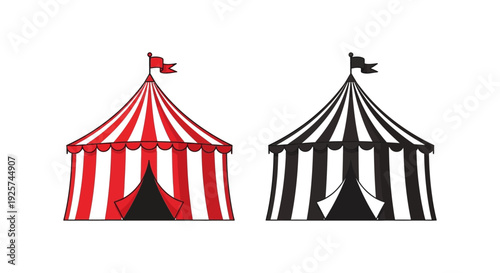 Two circus tents one red and white and one black and white are displayed side by side