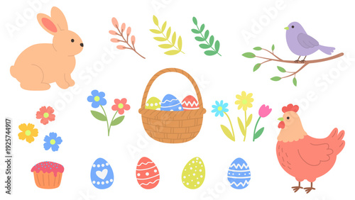 Easter and Spring Vector Set. Cute Elements Collection