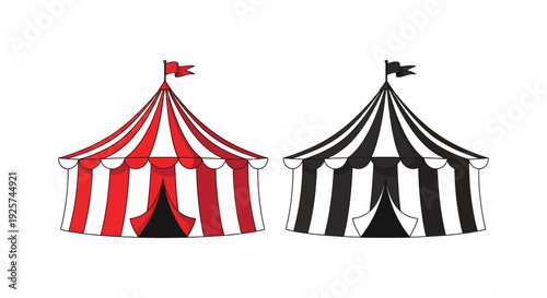 Two colorful circus tents one red and white the other black and white are illustrated