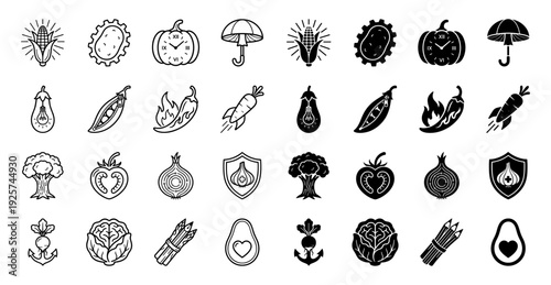 Creative vegetable hybrid icon set featuring conceptual mashups like corn lightbulb pumpkin clock carrot rocket and broccoli tree in outline and solid styles