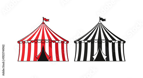 Two colorful circus tents one red and white the other black and white are illustrated