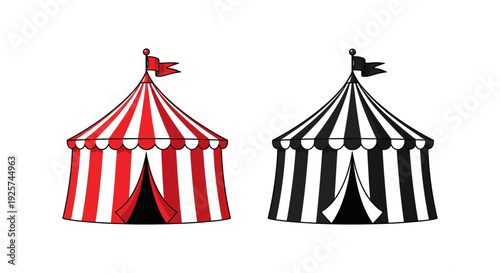 Two stylized circus tents one red and white one black and white are displayed