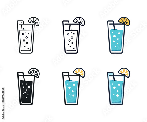 Refreshing drink symbol showing a tall glass filled with fizzy liquid, rising bubbles, and a subtle garnish hint, presented as