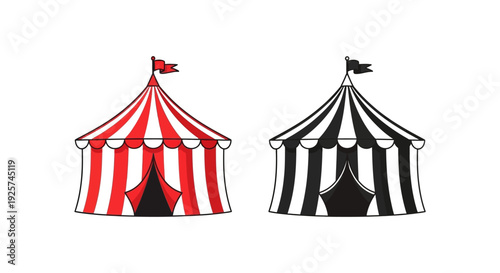 Two stylized circus tents one red and white the other black and white are displayed