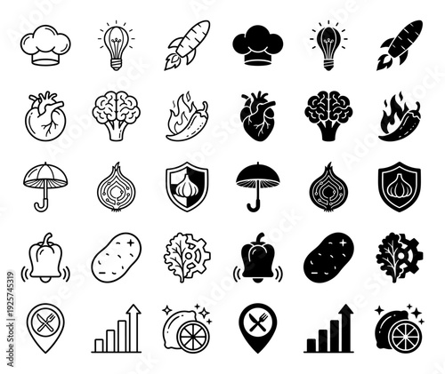 Conceptual hybrid food and wellness icon set featuring organic metaphors like brain broccoli heart ginger and rocket carrot in line and solid style