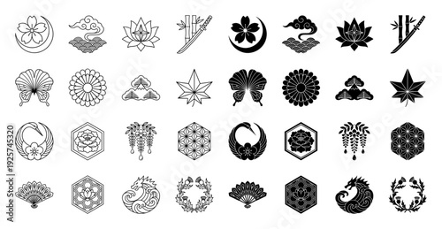 Japanese cultural hybrid emblem set featuring traditional crest motifs like cherry blossom moon katana bamboo crane and dragon in outline and solid styles