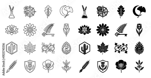 Set of hybrid botanical and symbolic icons merging nature with technical concepts including dna oak leaf and hourglass tulip
