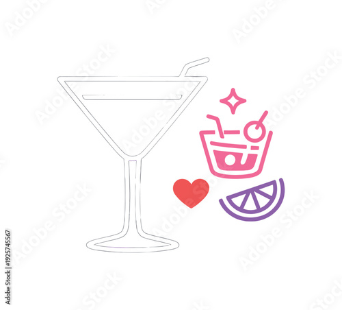 Cockt ailgl ass silhouette presented as aref ined up right product pose with cle ancockt ail ic onl ines positi oned in the right