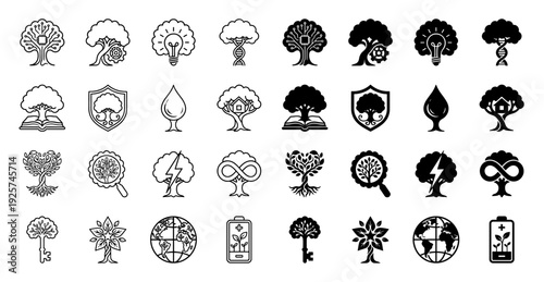 Collection of hybrid tree icons merging nature with technology and science including circuit board foliage DNA trunk lightbulb canopy and gear roots