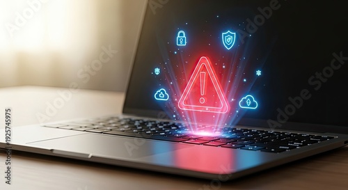 Digital Warning Sign Emerging from Laptop Screen Symbolizing Cyber Security Threat.