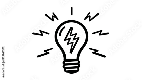Black and white illustration of a light bulb with radiating lines and lightning bolt inside