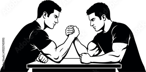 Two men engaged in arm wrestling match silhouette