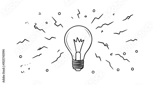 Hand-drawn black and white image of a lightbulb illuminating, with radiating sparks and circles