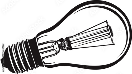 A black and white illustration of a classic light bulb with filament visible inside