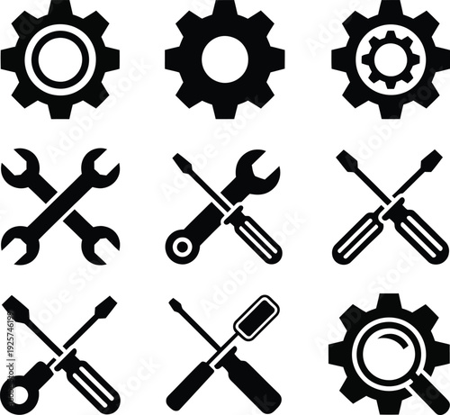 Collection of black and white gear and tool icons for maintenance and repairVV