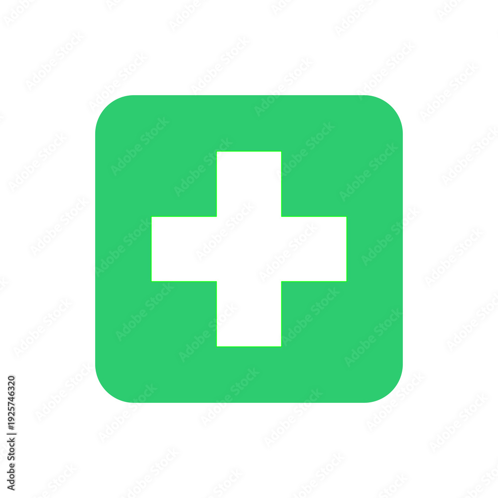 Fototapeta premium First Aid Medical Cross Icon on Green Square Background Flat Vector