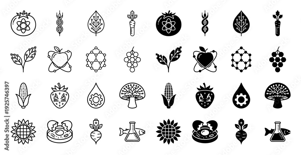 Fototapeta premium Collection of hybrid biotechnology and agrotech icons featuring organic food combined with molecular structures laboratory equipment and digital circuitry