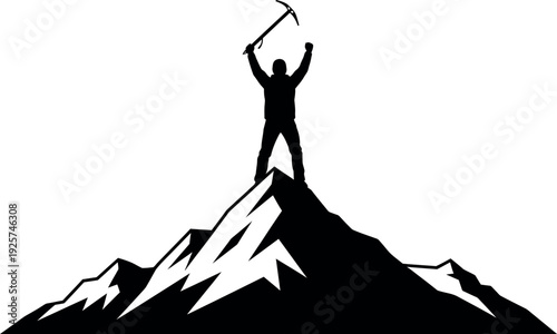 Victorious silhouette on mountain peak with pickaxe