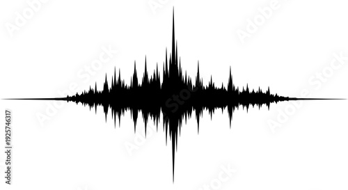 Black and white waveform graphic depicting sound or an audio signal