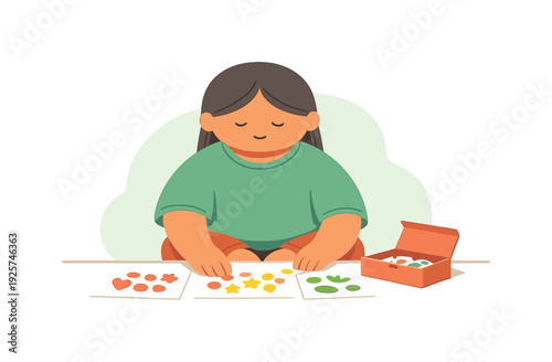 Sticker Sorting Serenity. Peace child sorts stickers by color at a desk, sheets spread neatly, hands moving slowly, box open