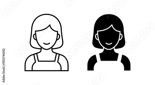 Two black and white icons depicting a woman s face with short hair