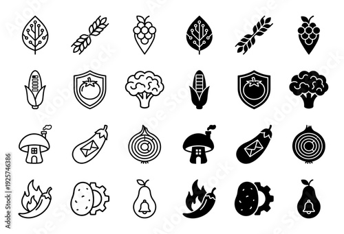 Hybrid organic food and agriculture icons featuring vegetable symbols merged with technology and household elements in outline and solid styles