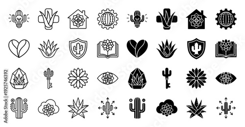 Collection of minimalist hybrid succulent and cactus plant icons merging organic botanical shapes with conceptual symbols like lightbulb heart and key