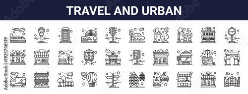 Set of 30 thin line web icons including train, air balloon, road, railway station, club, food stall, police station, hotel, theater. Vector outline illustration pack