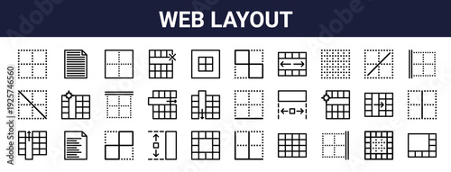 Set of 30 thin line web layout icons including columns, border, layers, margin, expand, block elements. Vector outline illustration for UI design and web development