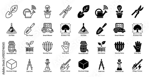 Collection of hybrid garden icons combining horticulture tools with technical symbols including data sprout smart mower and botanical laboratory assets