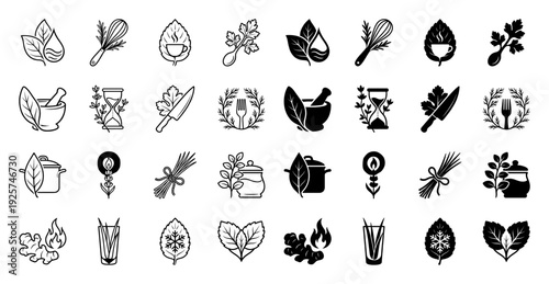 Minimalist hybrid culinary herb and spice icons merging organic leaves with kitchen tools like mortar pestle whisk and cooking pot in linear and solid styles